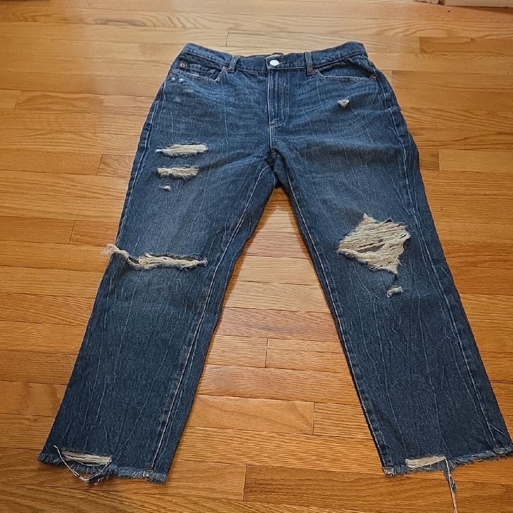Garage Denim Distressed Straight Leg Jeans in Dark Blue
